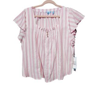 Draper James Pink and White Striped Flutter Sleeve Blouse